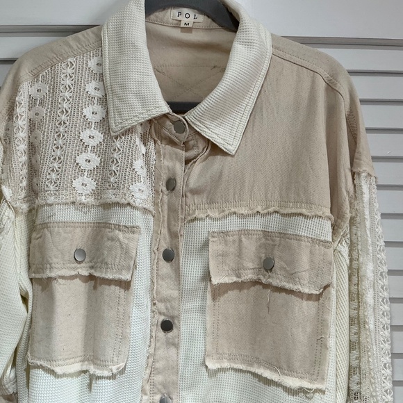 New Pol Natural Crochet Mixed Fabric Lace Shacket Shirt Jacket Size Medium - Picture 3 of 7
